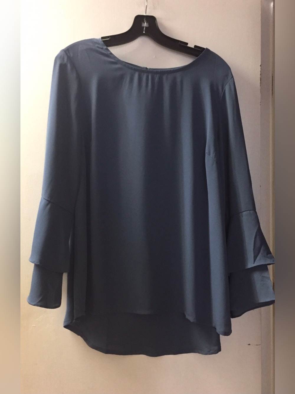 DKR Apparel Chiffon Blouse with Double Ruffle Sleeve-Denim Blue